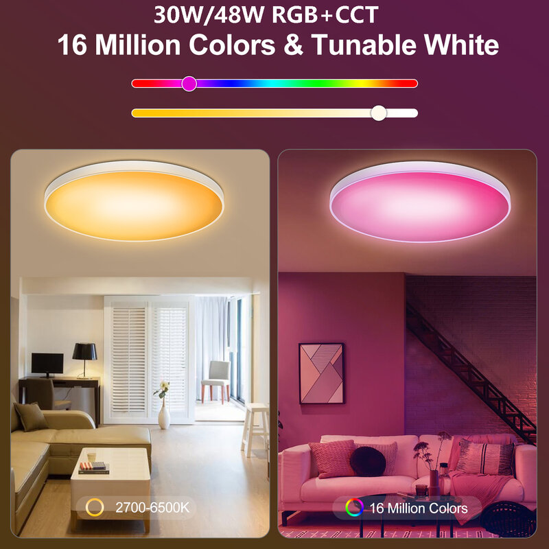 مصباح سقف LED ذكي مع جهاز تحكم واي فاي ، جهاز تحكم عن بعد ، RGB ، أبيض دافئ ، لوحة بيضاء باردة ، إضاءة داخلية ، ديكور غرفة المعيشة