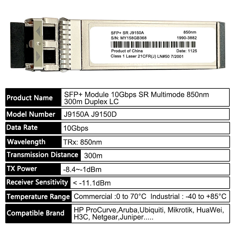 وحدة الإرسال والاستقبال من الألياف الضوئية لhp j9150a/j9150d sfp 10gb ، 10 gbase.sr ، multimode 850nm ، lc m ، مفتاح aruba
