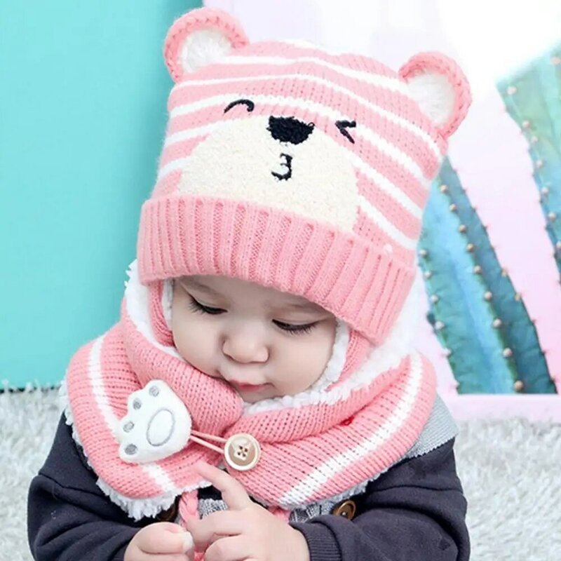 للجنسين الكرتون الدب شريط قبعة متماسكة ، قبعة طفل ، وشاح ، إيرموف ، مجموعة الاطفال الدافئة ، الشتاء