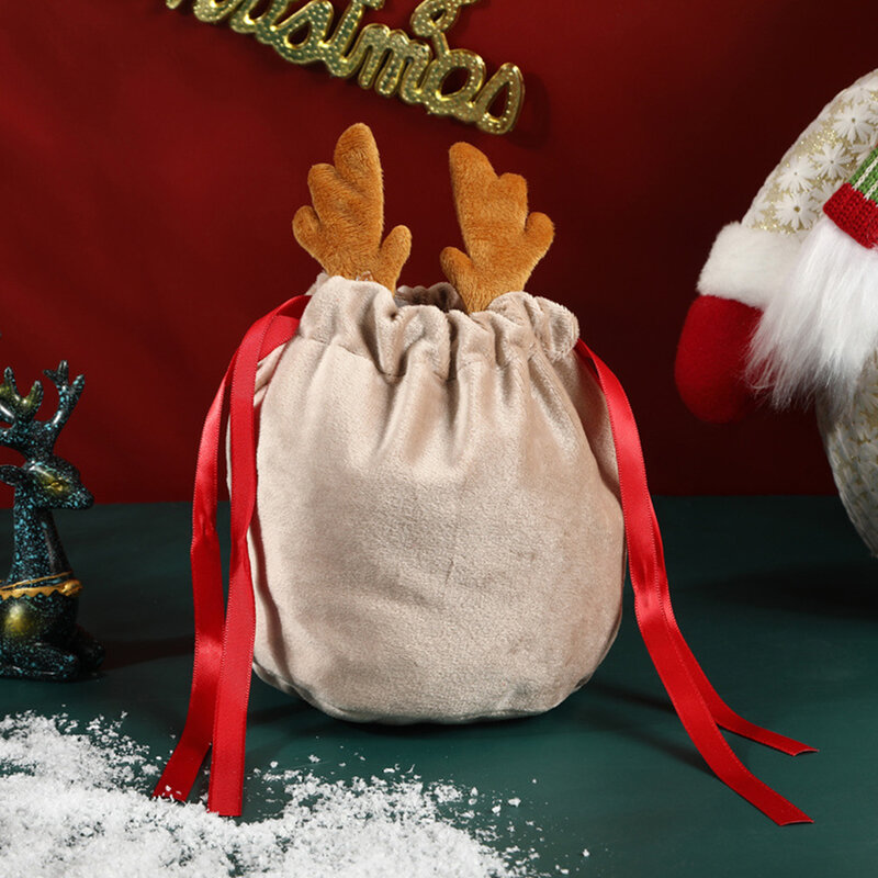 عيد الميلاد كيس 10 قطعة أكياس سانتا الرباط أكياس عيد الميلاد لطيف حقيبة التخزين مع قرون ديكور المخملية هدية حقيبة لصالح الحفلات