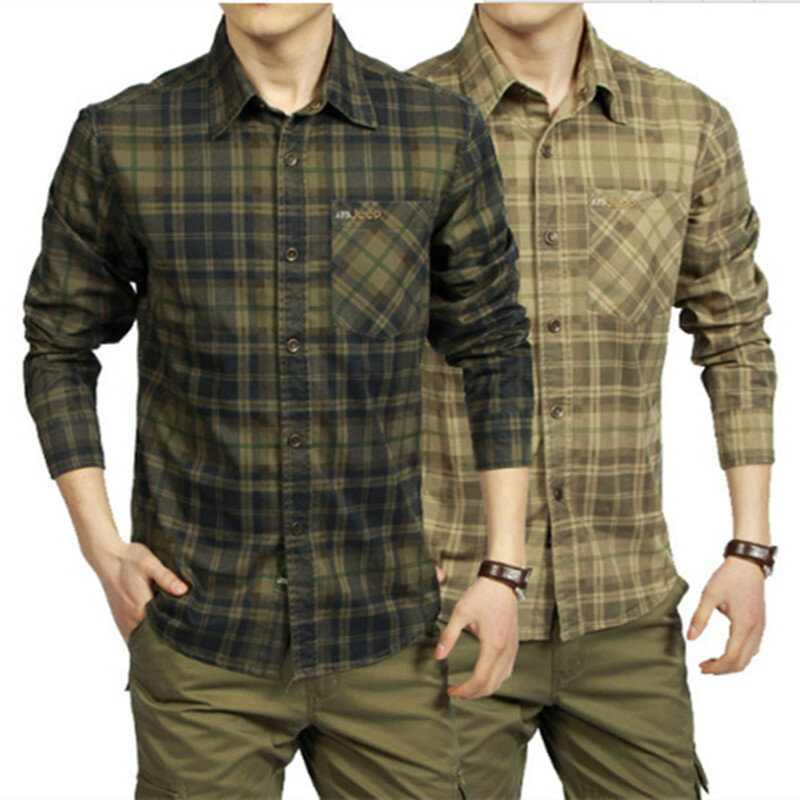 ربيع الخريف قميص الرجال عادية 100% قميص قطني بكم طويل camisetas masculinas قمصان مربعة النقش الجيش الأخضر الكاكي الملابس A0749