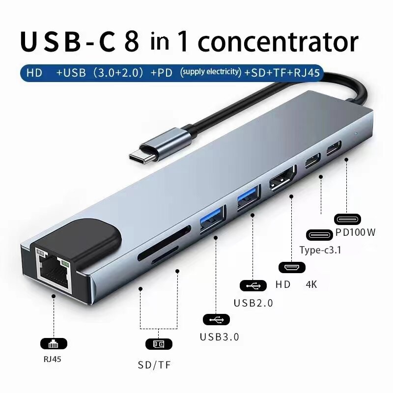 Usb 8 في 1 نوع C 3 1 إلى 4k HdTV مع Sd Tf Rj45 Pd شحن سريع للكمبيوتر الدفتري Macbook