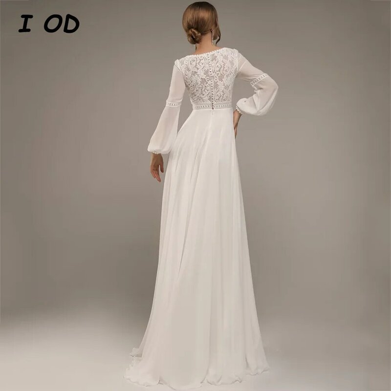 فستان زفاف بفتحة رقبة V عميقة ، أكمام طويلة منفوخة ، زر ظهر مزين ، طول الأرضية ، فستان زفاف شيفون ، خط ، خط