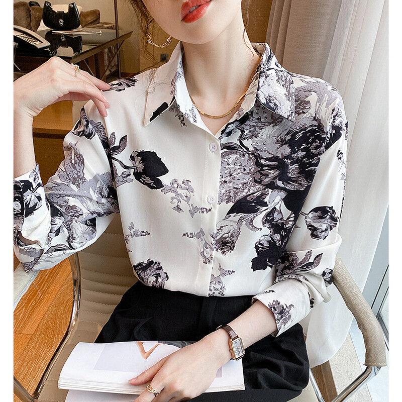 الكورية نمط الحبر بلوزة للنساء ، بلوزات طويلة الأكمام ، قميص مكتب أنيق ، قميص Dressy خمر ، الربيع