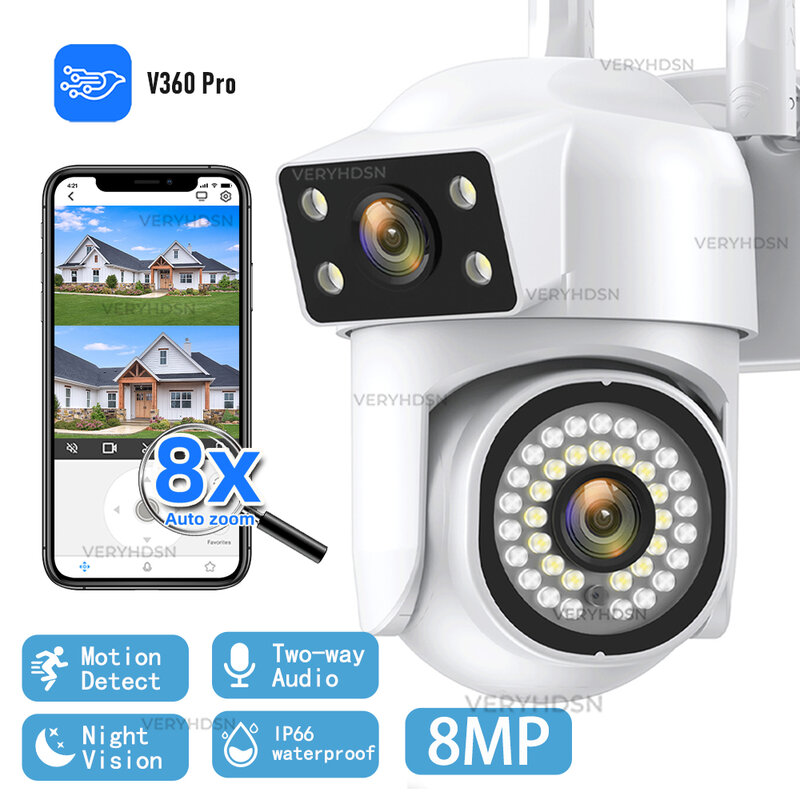 كاميرات مراقبة CCTV مزدوجة العدسة خارجية عالية الدقة PTZ ، تراكين بشري أوتوماتيكي ، كاميرا IP ، 4K ، 8mp ، تكبير رقمي 8X ، IP66 مقاوم للماء