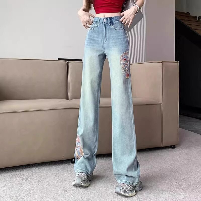 جينز نسائي على الطراز الصيني مطرز ، عالي الخصر ، بطول كامل ، نحيف ، مستقيم ، شارع مرتفع ، بنطال جينز متعدد الاستخدامات ، أنثى ، ربيع ، جديد