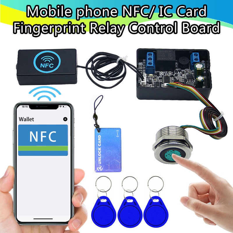 الهاتف المحمول NFC التعريفي وحدة التتابع ، لوحة التحكم في الوصول بصمات الأصابع ، تحكم بطاقة IC ، فتح باب السيارة ، DIY بها بنفسك ، DC10V-120V
