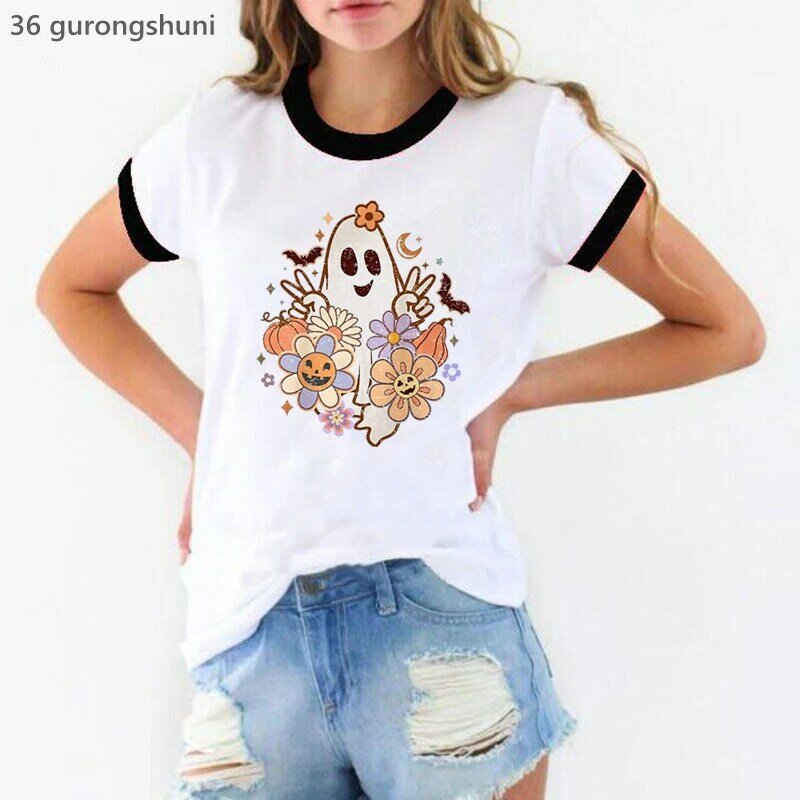 موسم مخيف بوو جرافيك قميص مطبوع ملابس حريمي 2023 مضحك هالوين هدية تي شيرت فام Harajuku Kawaii قميص الشارع الشهير