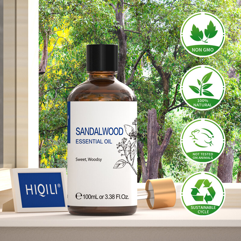 HIQILI زيوت أساسية من خشب الصندل 100 مللي ، طبيعة نقية 100% للعلاج بالعطور | تستخدم للناشر ، المرطب ، التدليك | التأمل
