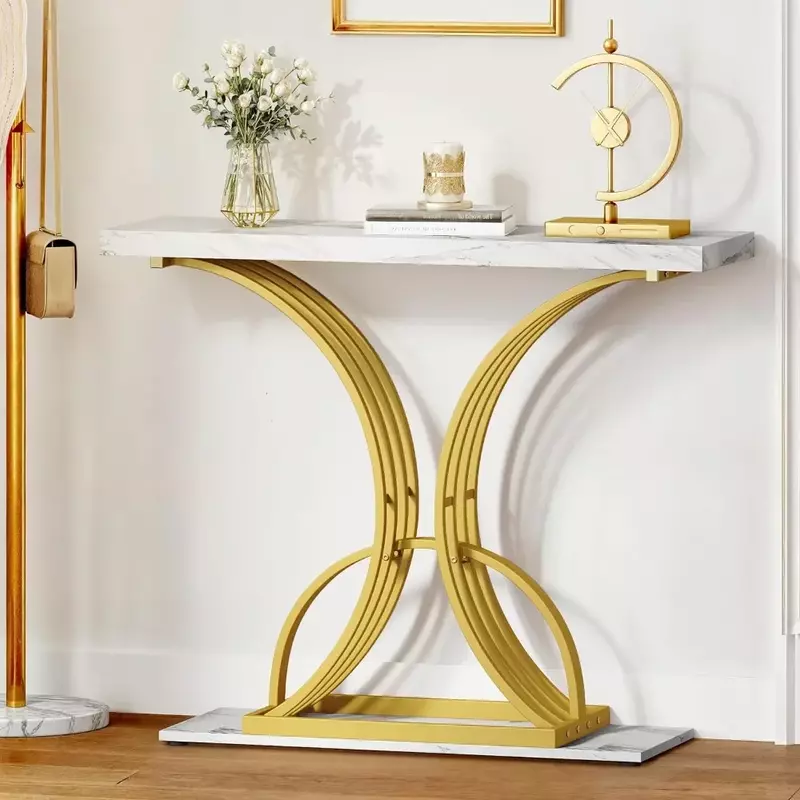 طاولة كونسول ذهبية لغرفة المعيشة ، طاولة أريكة حديثة للمدخل ، طاولة مدخل ضيقة ، رخام صناعي ، أبيض ، 40 بوصة