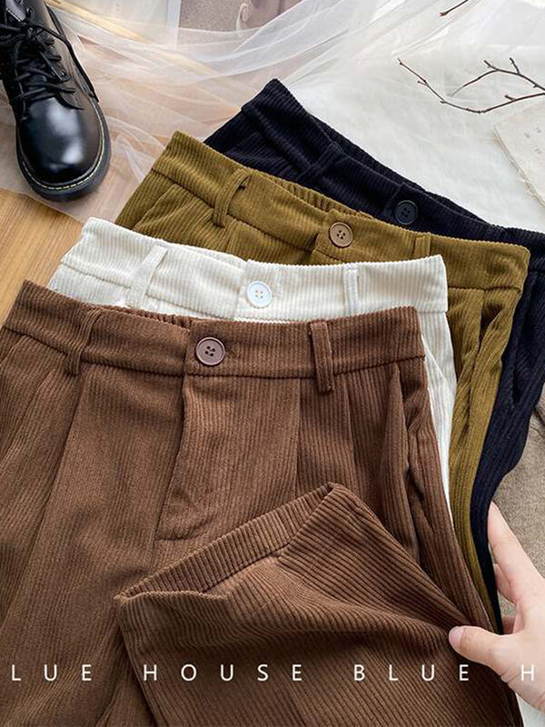 ZOKI-المرأة عالية الخصر الرجعية سروال قصير ، مستقيم Trousers غير رسمية ، كامل طول ، Vintage ، جيوب القهوة ، خريف ، جديد