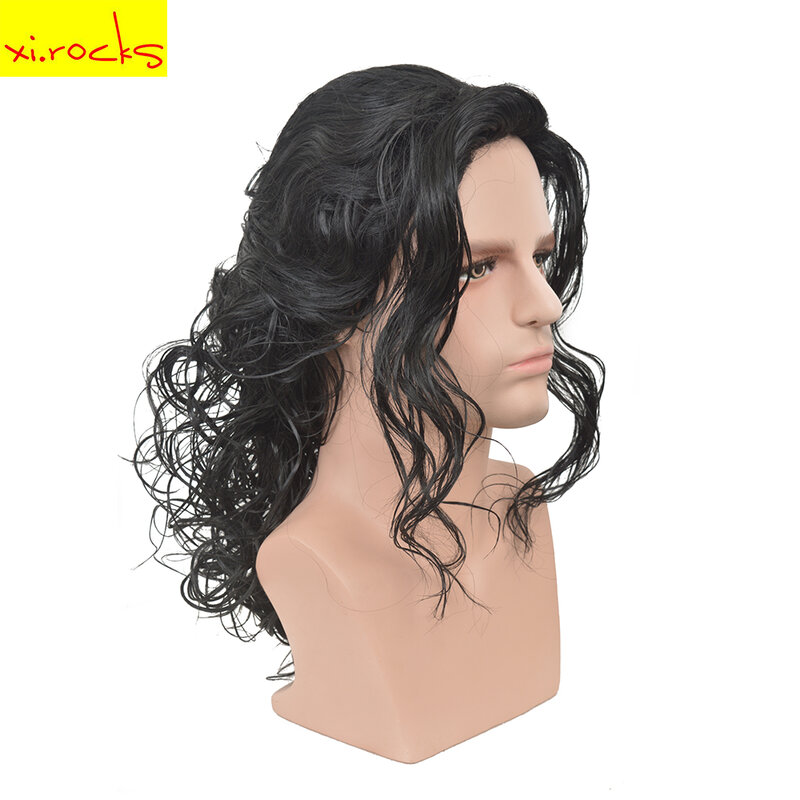 شي روكس AD3499 مايكل جاكسون تأثيري شعر مستعار أسود اللون مايكل دور اللعب متوسطة طويلة مجعد الشعر هالوين كوس الباروكات
