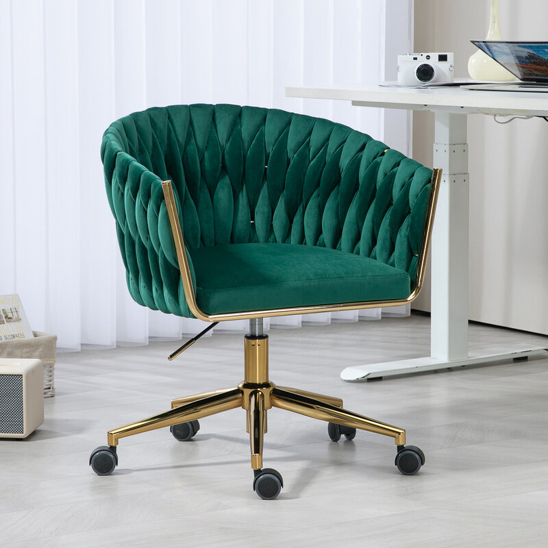 كرسي مكتب بمسند ظهر منسوج يدويًا بعجلات ، ارتفاع قابل للتعديل ، دوار ، أخضر ، تصميم حديث ، مثالي لغرفة النوم أو الليفي