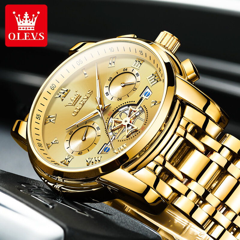 ساعة يد OLEVS-ساعات كوارتز فاخرة للرجال على شكل قمر ، علامة تجارية ، فولاذ مقاوم للصدأ ، مقاوم للماء ، مضيء ، موضة ، كرونوغراف ، ساعات يد