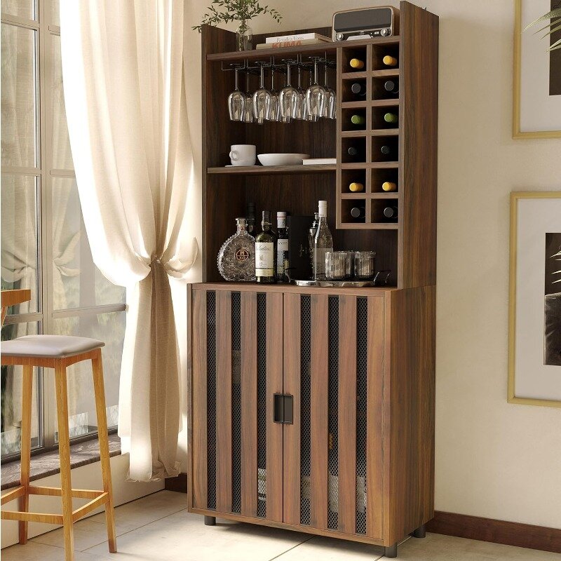 خزانة بار نبيذ للخمور والنظارات ، 12 رفوف زجاجة نبيذ ، قفص مطبخ ، خزانة تخزين للعيش ، غرفة طعام