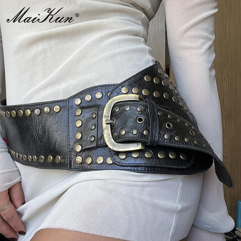 حزام بانك عريض من Maikun-Vintage للنساء ، على الطراز الأوروبي ، مسمار معدني ، مشبك مستدير PU ، حزام خصر ، موضة