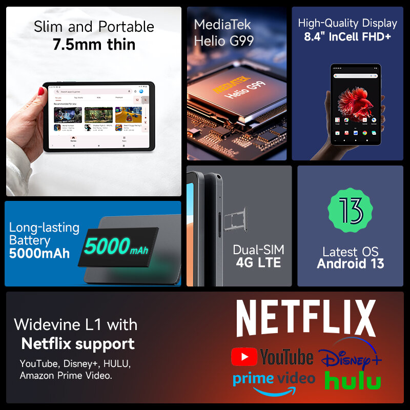 تابلت صغير Netflix L1 ، Android 13 ، Helio G99 ، 8 GB RAM ، way GB ، GB ROM ، بطاقة SIM المزدوجة