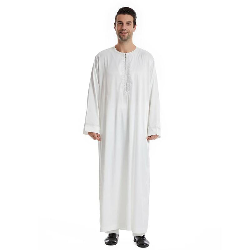 رداء أبيض إسلامي للرجال ، كم طويل ، سحاب أمامي ، ثوب جبة طويل ، عيّد رمضان ، ملابس إسلامية ، فستان صلاة عباية ، أزياء عباية
