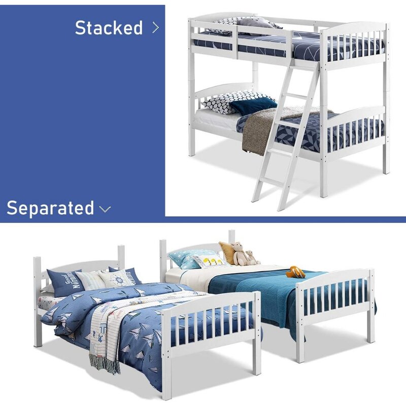سرير مزدوج فوق طابقين ، قابل للتحويل إلى سريرين من خشب المطاط الصلب الفردي ، غرفة نوم الأطفال