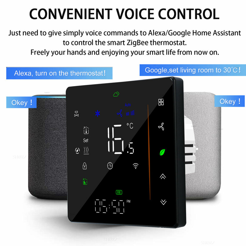 تحكم درجة الحرارة الذكي Tuya ZigBee مع شاشة عرض رقمية لمشغل HVAC Thermostat ثلاث سرعات للتبريد والتدفئة لتحكم في تكييف الهواء ويدعم Alexa و Google Home و