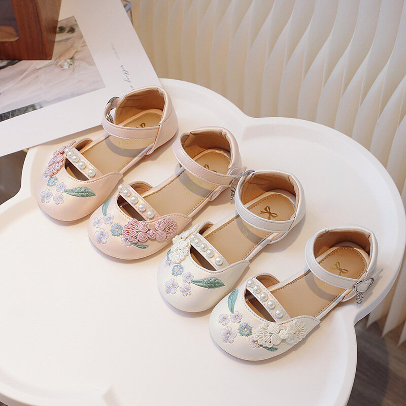 أحذية تنورة حصان من Hanfu للبنات ، أحذية جلدية للأطفال على طراز Guo ، أحذية مطرزة من القماش العتيق ، الربيع والخريف
