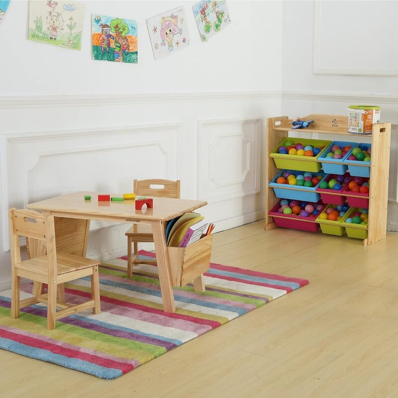 طاولة خشبية صلبة للأطفال ومجموعة 2 كرسي مع مكتب تخزين ، نشاط طفل صغير