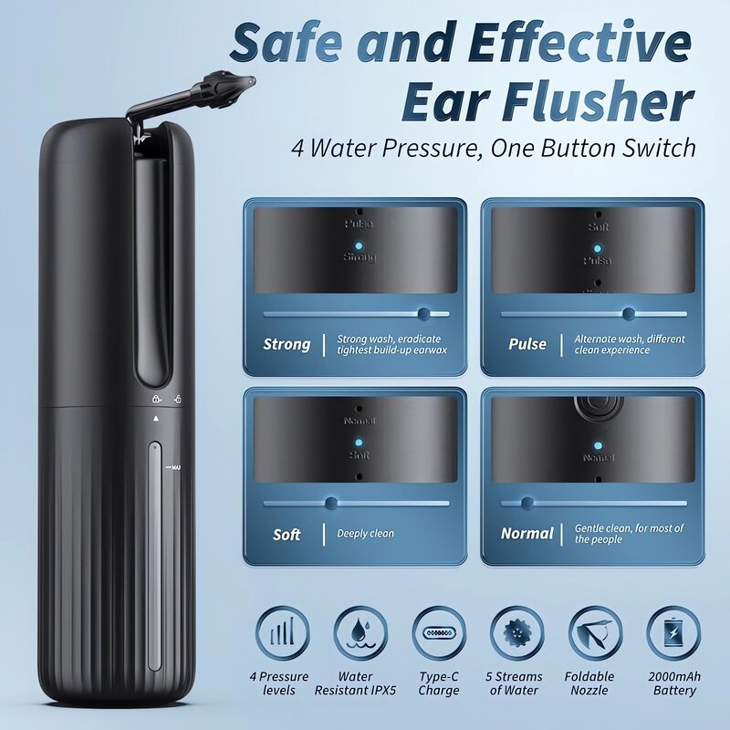 أداة إزالة الشمع الأذن ، تعمل بالطاقة المائية ، Wush الأذن الأنظف ، طقم تنظيف الأذن الكهربائية مع 10 نصائح الأذن ، مقاوم للماء نوع-C ، آمنة وفعالة