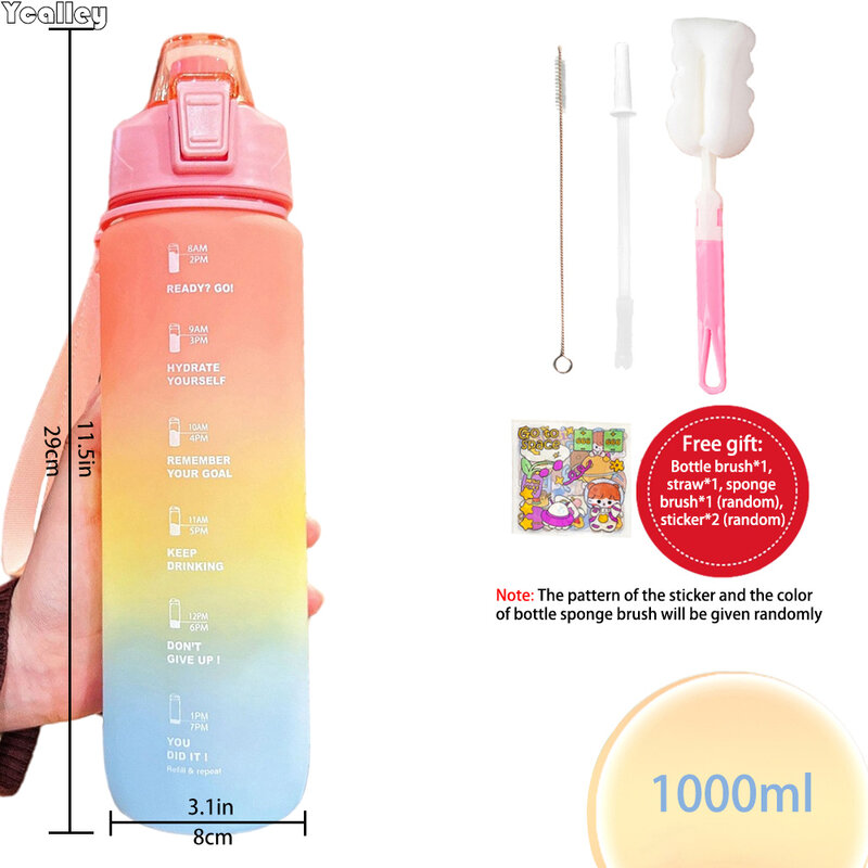 YCALLEY زجاجة مياه رياضية 1000 مللي فتاة ترتد 1l الغبار الفاصل الزمني ضغط القش غطاء ساعة مختومة الشرب في الهواء الطلق 1 لتر