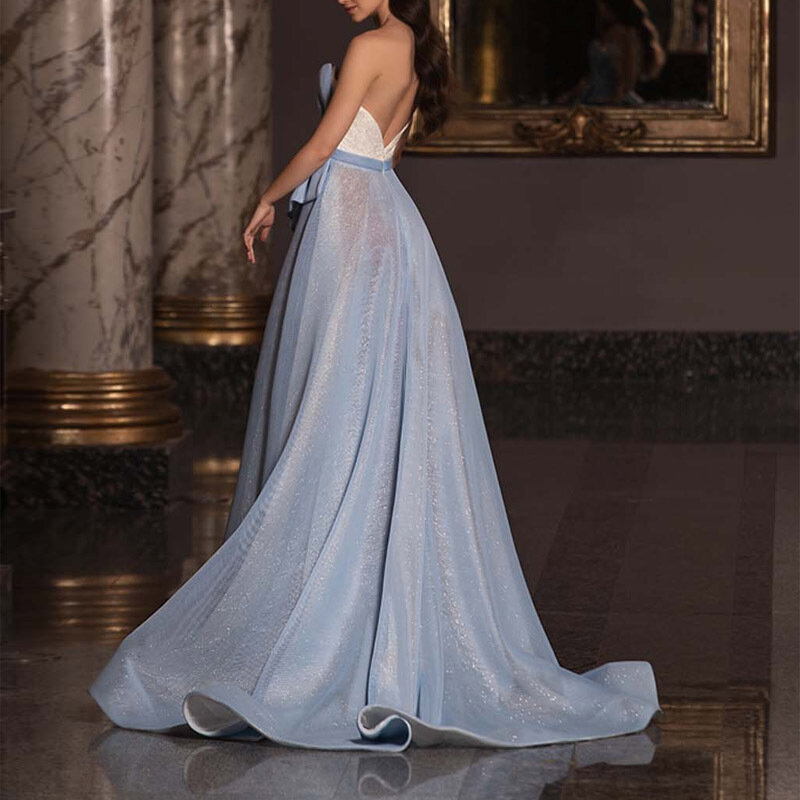 فستان سهرة نسائي فاخر طويل أزرق طويل مناسب لوصيفة العروس للزفاف والولائم ملفوفة على الصدر مكشوف الكتف