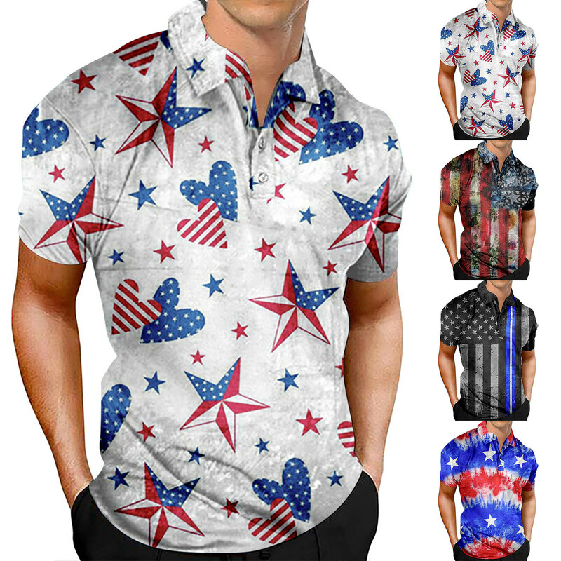 قميص كلاسيكي بقصة العلم الأمريكية ، ملابس رجالية ، تيشيرتات رجالية ، أداء وطني ، يوم الجمهورية