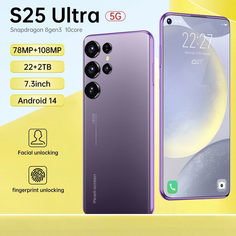 هاتف ذكي S25 Ultra يعمل بنظام أندرويد 14 ، 5G ، عالي الدقة ، Snapdragon 8gen3 ، 10Core ، هاتف SIM مزدوج ، 47 mAh ، فتح ، جديد