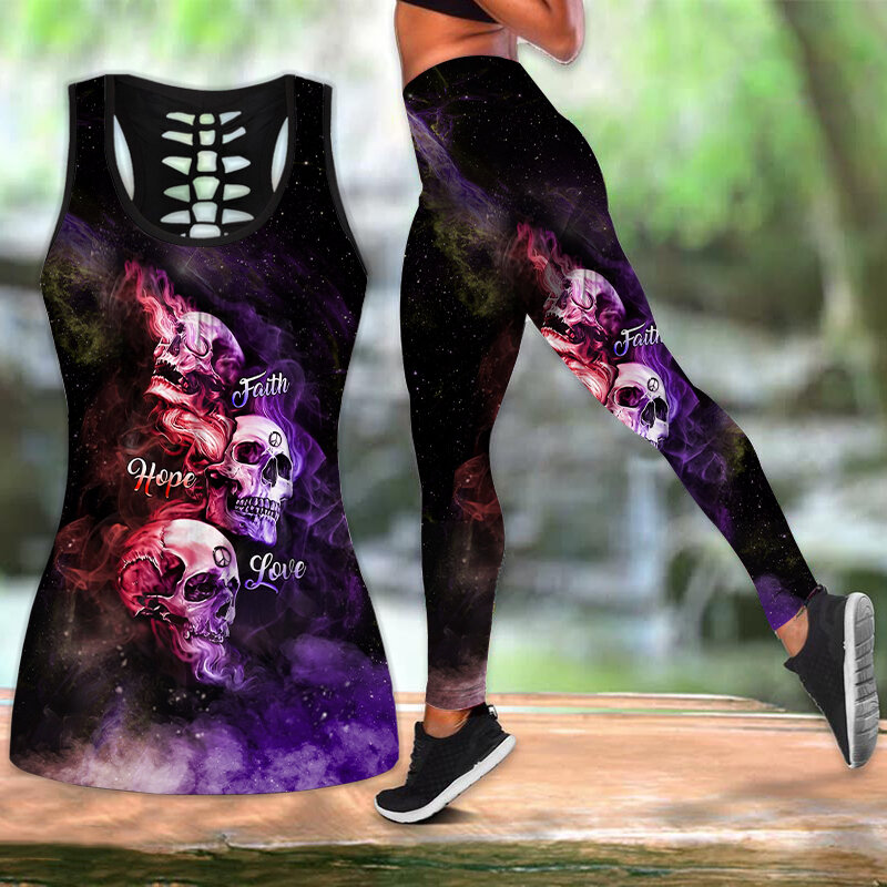 Women's Fashion 3D Skull Gothic Tank Top Yoga Leggings + Combo Hollow Out Tank Top Summer Sleeveless Graphic Shirt XS-8XL