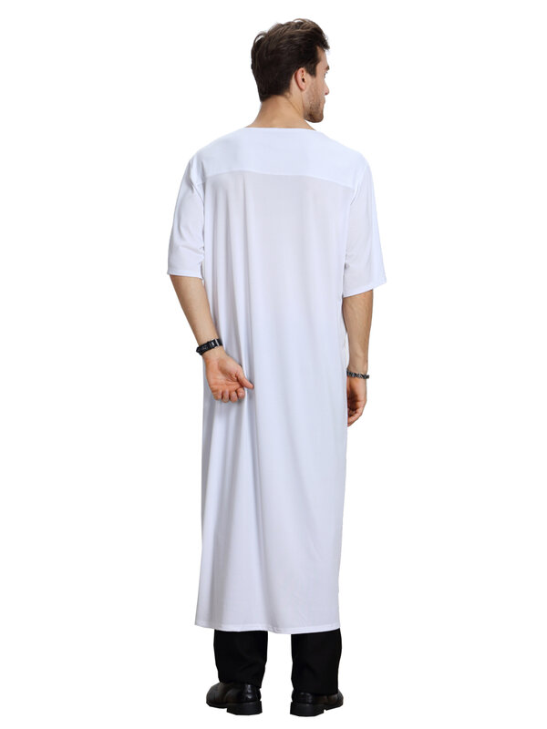 مسلم الرجال الصيف قصيرة الأكمام الخامس الرقبة لون نقي رداء العربية الذكور الكبار الكاحل طول ثوب رمضان عيد الملابس