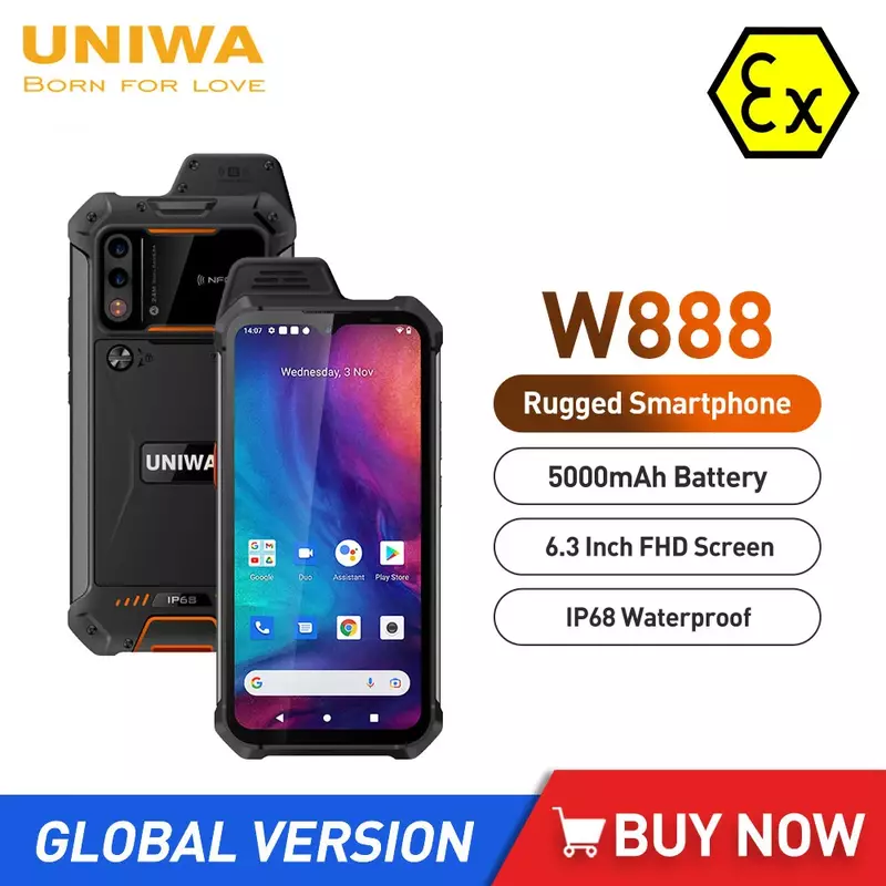 UNIWA-IP68 هاتف ذكي متين ، W888 ، ATEX انفجار ، أندرويد 11 ، ثماني النواة ، 4GB + 64GB ، 6.3 "HD ، FHD شاشة ، 4G الهاتف المحمول ، 5000mAh ، NFC