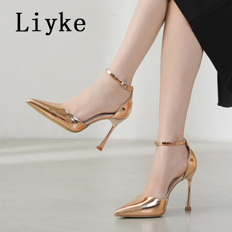 مضخات جلد Liyke عالية الجودة لبراءة الاختراع للنساء ، مقدمة مدببة مثيرة ، حزام مشبك ، كعب خنجر للسيدات ، صنادل ذات ظهر مقلاع