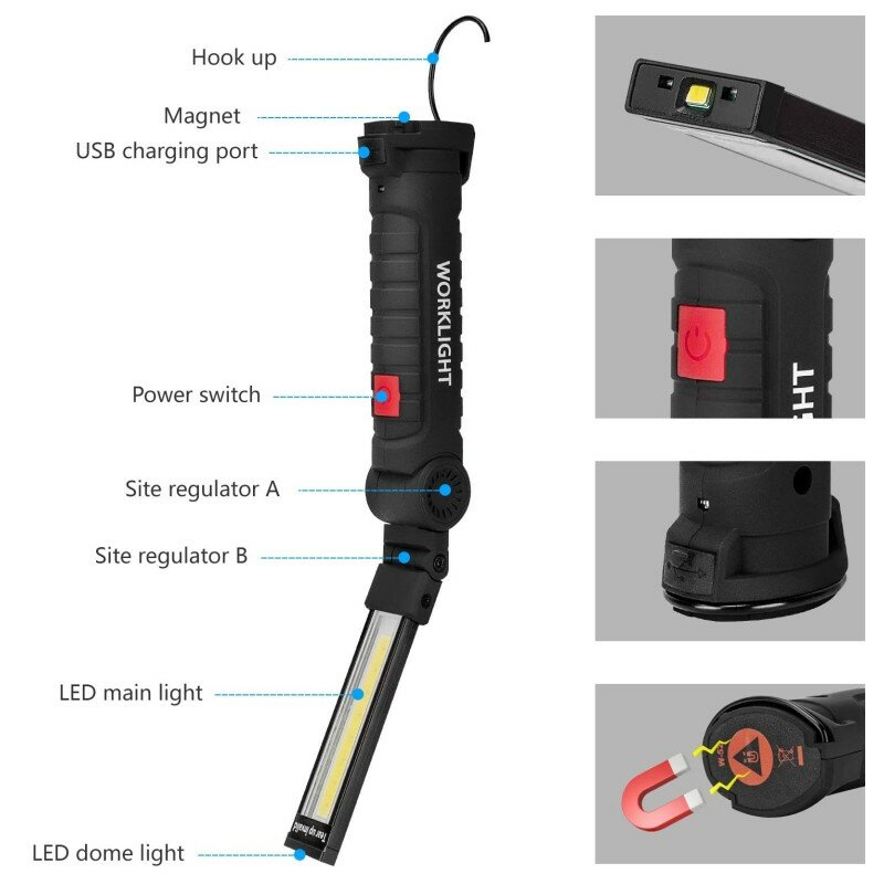مصباح يدوي LED USB قابلة للشحن ضوء العمل المحمولة COB المغناطيسي الفانوس مصباح معلق مع المدمج في بطارية التخييم الشعلة