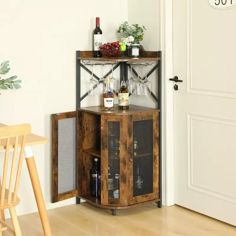 خزانة بار زاوية مع حامل زجاجي ، ثلاجة نبيذ منزلية ، تخزين الخمور والنبيذ ، رف عرض بني ريفي