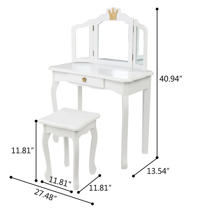 تسريحة خشبية للأطفال ث/ثلاثة جوانب مرآة قابلة للطي منضدة الزينة كرسي واحد درج وردي/أبيض نمط التاج [US-Stock]