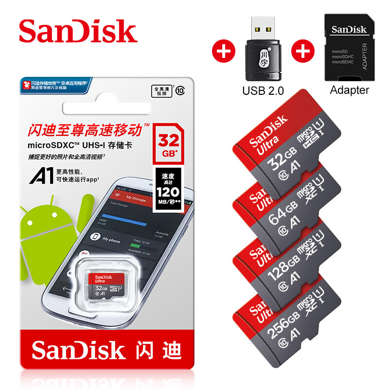 الأصلي سانديسك الترا UHS-1 A1 بطاقة الذاكرة 32 جيجابايت 64 جيجابايت 128 جيجابايت 256 جيجابايت 512 جيجابايت 100 برميل/الثانية مايكرو SD بطاقة Class10 فلاش SD/TF microSDXC