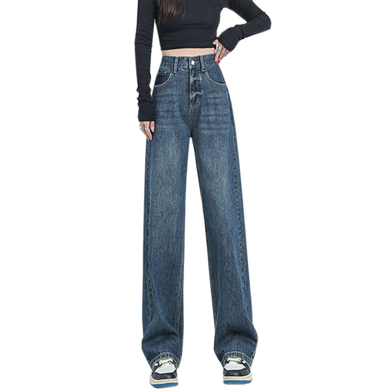 بنطلون جينز بتصميم مناسب ملون للنساء ، خصر مرتفع ، نحيف ، فضفاض ، مستقيم ، مقاس كبير ، كلاسيكي ، أرجل واسعة ، بنطلون منخفض