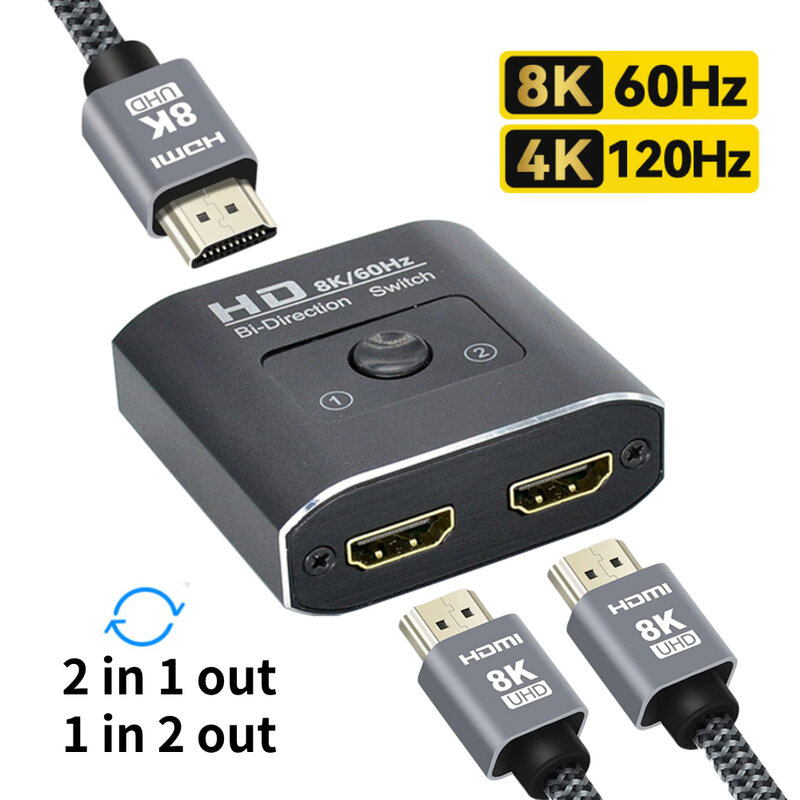 HDMI تبديل الفيديو الخائن ، 2 منافذ ، 2 في 1 خارج ، 8K ، 60Hz ، كمبيوتر محمول ، الكمبيوتر ، Xbox ، PS3 ، PS3 ، PS4 ، صندوق التلفزيون ، رصد ، العارض ، محول