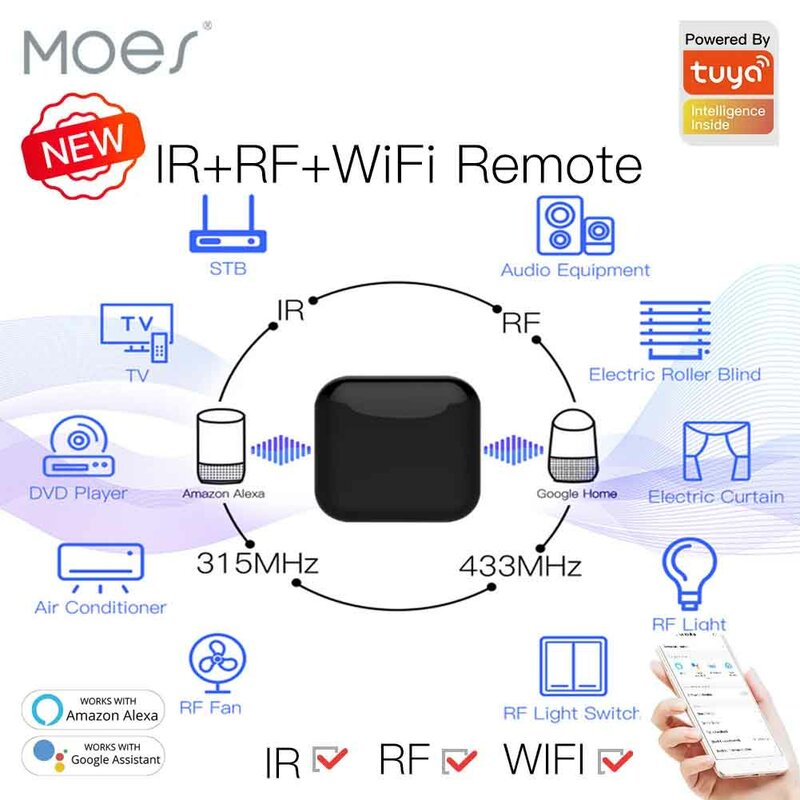 MOES-وحدة تحكم عن بعد عالمية ، واي فاي ، RF ، IR ، RF ، الأجهزة ، الأجهزة ، تويا ، تطبيق الحياة الذكية ، التحكم الصوتي عبر اليكسيا ، جوجل المنزل