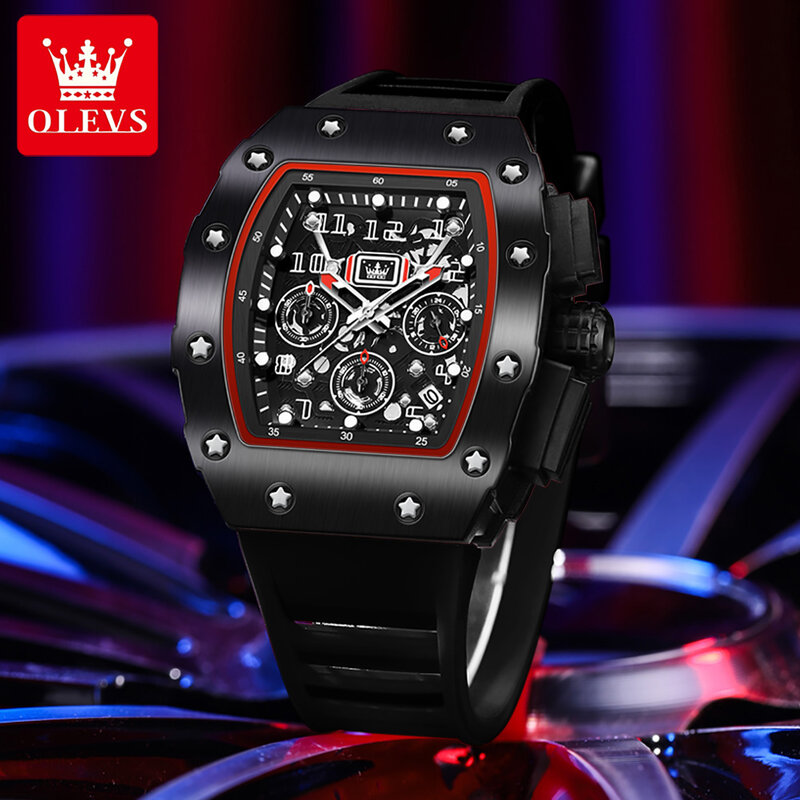 ساعة كوارتز OLEVS للرجال على شكل برميل ، كرونوغراف مضيء مقاوم للماء ، حزام سيليكون ، علامة تجارية مشهورة ، أزياء فاخرة ، رياضية