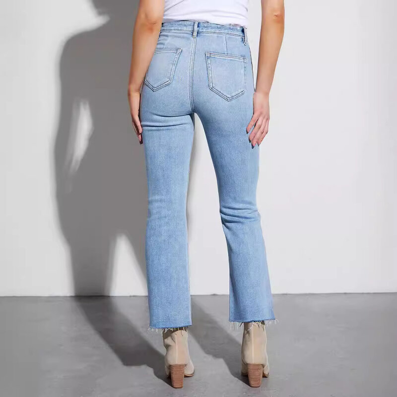 شينتانغ-بنطلون جينز نسائي من الصوف المرن مستقيم الساق ، جديد ، سروال جينز مقطوع ومغسول