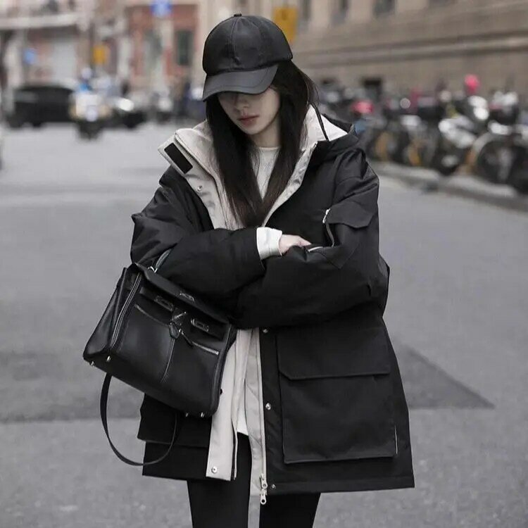 سترة واقية مع جيوب جانبية للفتيات ، تصميم فضفاض ، سستة حتى ، معطف الشتاء الدافئ ، والأزياء الكورية
