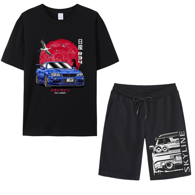 بدلة رياضية للرجال بنمط السيارة اليابانية ، تي شيرت قصير الأكمام ، بدلة رياضية من قطعتين ، ملابس غير رسمية ، الصيف