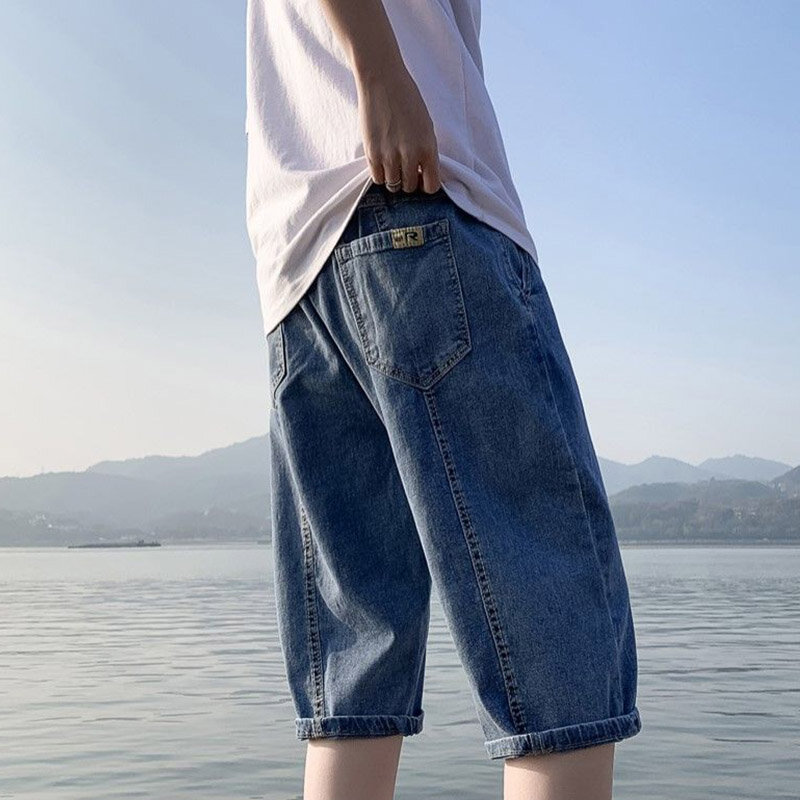 نسخة كورية للرجال شورت جينز ، رقيق ، فضفاض ، مستقيم ، رباط ، سروال خصر مرن ، كبير ، صيفي ، موضة ، جديد ، 5XL