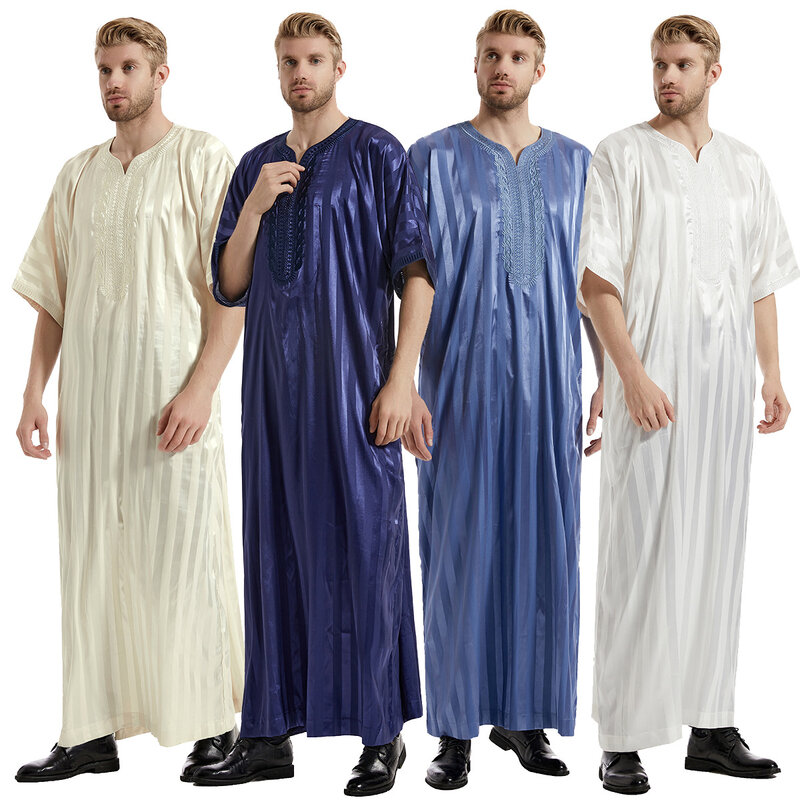 رداء رجالي كلاسيكي فضفاض إسلامي ، أكمام قصيرة ، ثوب جبة ، كاجوال ، مخطط ، مطرز ، ملابس إسلامية ، موضة