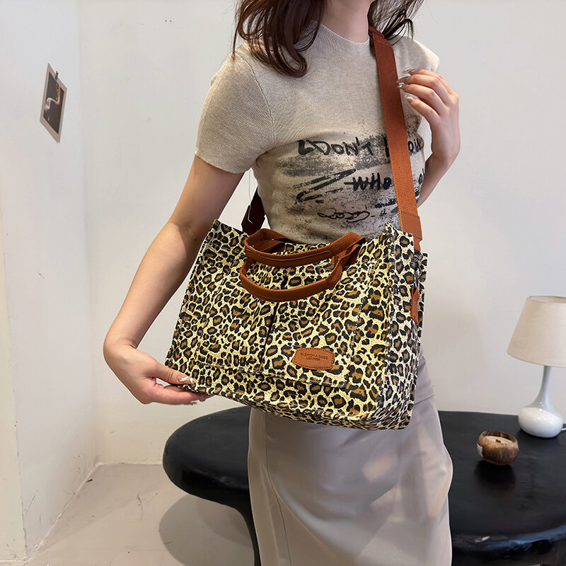 حقيبة كتف قماشية بطباعة الفهد للنساء ، حقيبة يد مصممة ، حقائب كروس بودي ، متسوقة عالية السعة ، حقيبة حمل نسائية ، بنية
