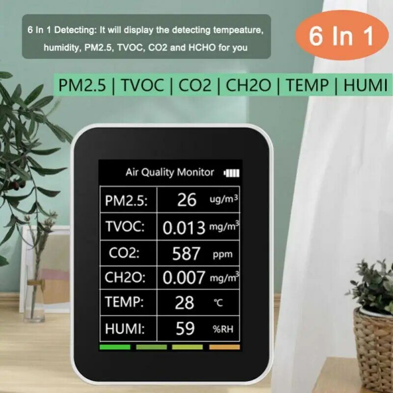 كاشف تويا واي فاي متعدد الوظائف 6 في 1 كاشف جودة الهواء ذكي PM2.5 TVOC CO2 CH2O كاشف درجة الحرارة والرطوبة